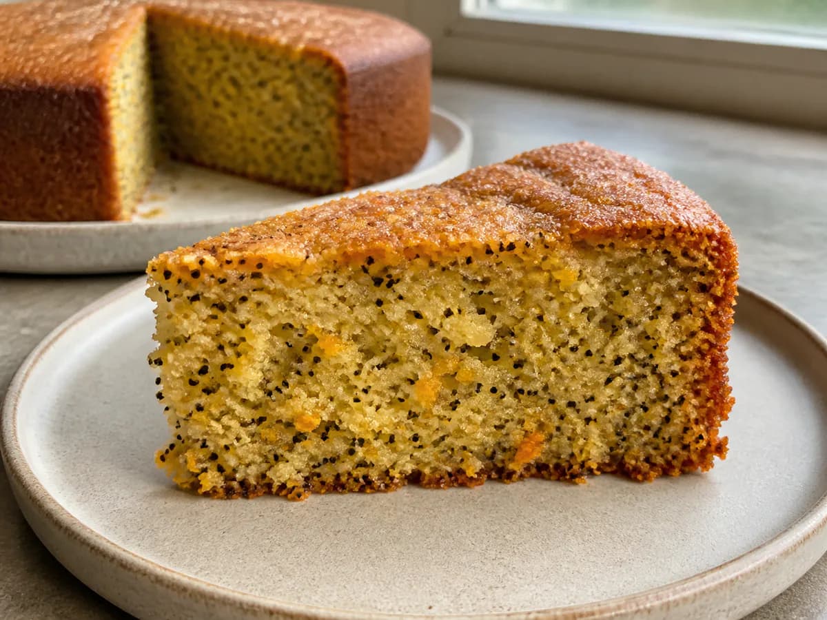 Pormenor de uma porção de Bolo de Tangerina com Sementes de Papoila