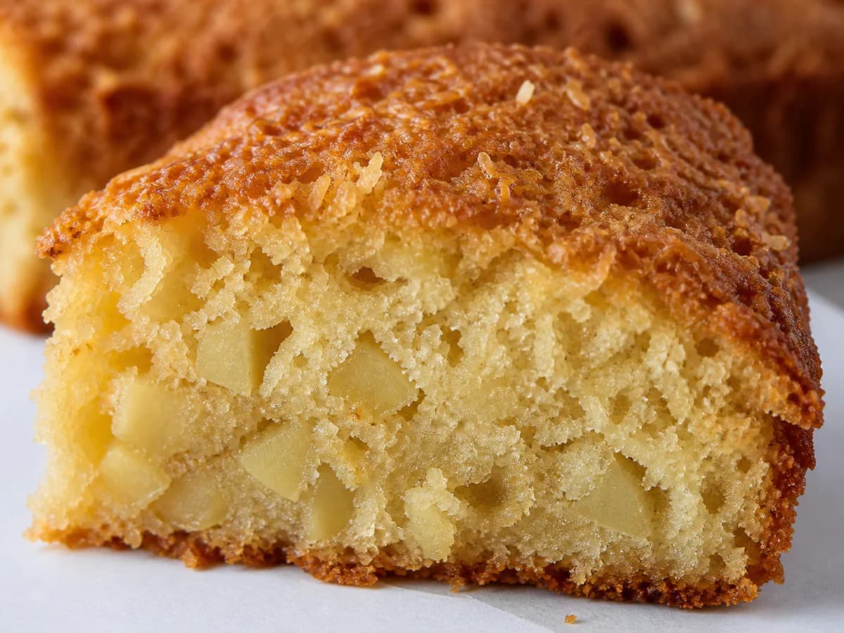 Pormenor de uma porção de Bolo Delicioso de Coco e Maçã