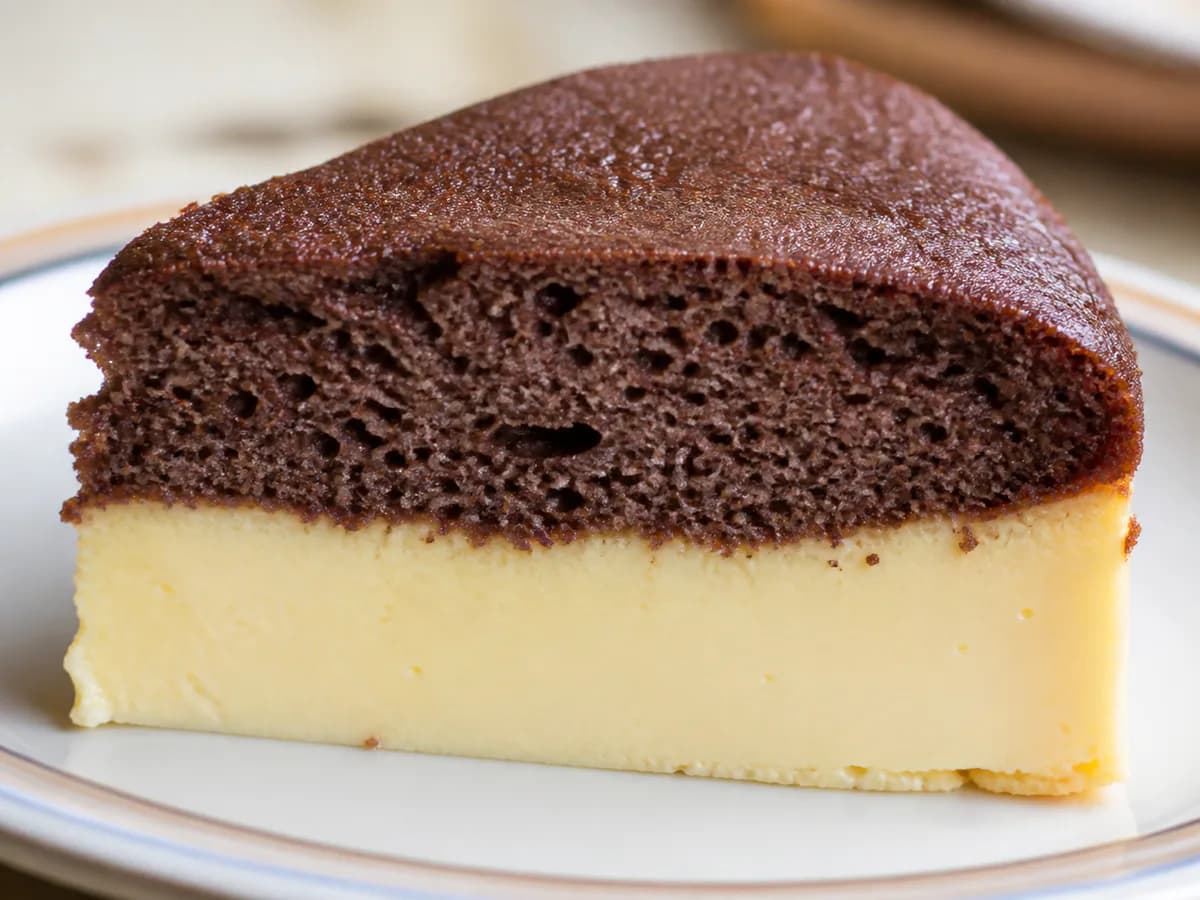 Pormenor de uma porção de Bolo do Pudim Chinês