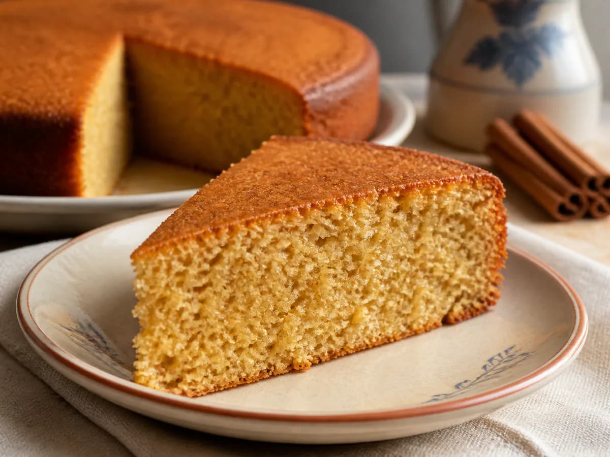 Pormenor de uma porção de Bolo Fofinho de Mel e Canela - Receita do Alentejo