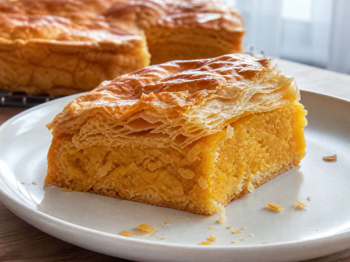 Pormenor de uma porção de Bolo Folhado de Laranja - Uma Maravilha e Faz-se Num Instante