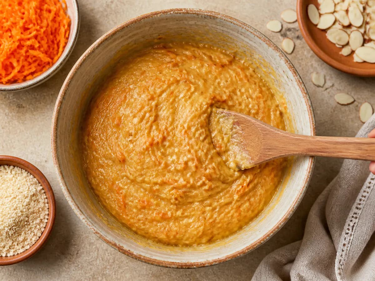 Preparação de Bolo Húmido de Cenoura e Amêndoa durante a confeção