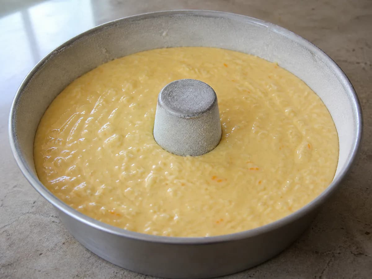 Preparação de Bolo Infalível de Laranja e Coco durante a confeção