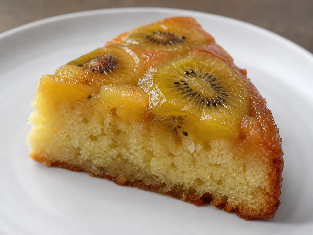 Pormenor de uma porção de Bolo Invertido de Kiwi
