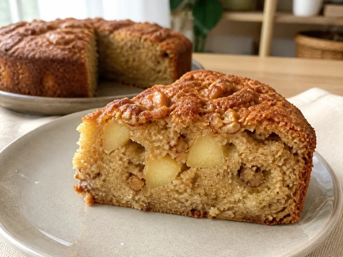 Pormenor de uma porção de Bolo Irresistível de Maçã e Nozes
