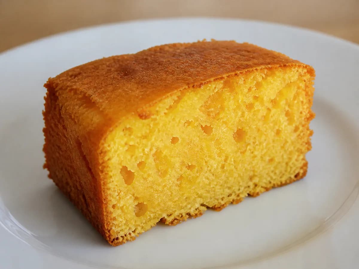 Pormenor de uma porção de Bolo de Laranja da Sogra