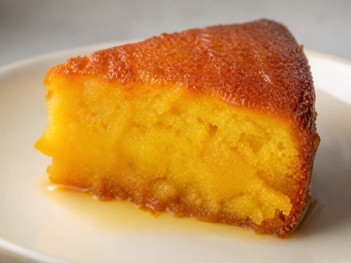 Pormenor de uma porção de Bolo Laranja Ensopado