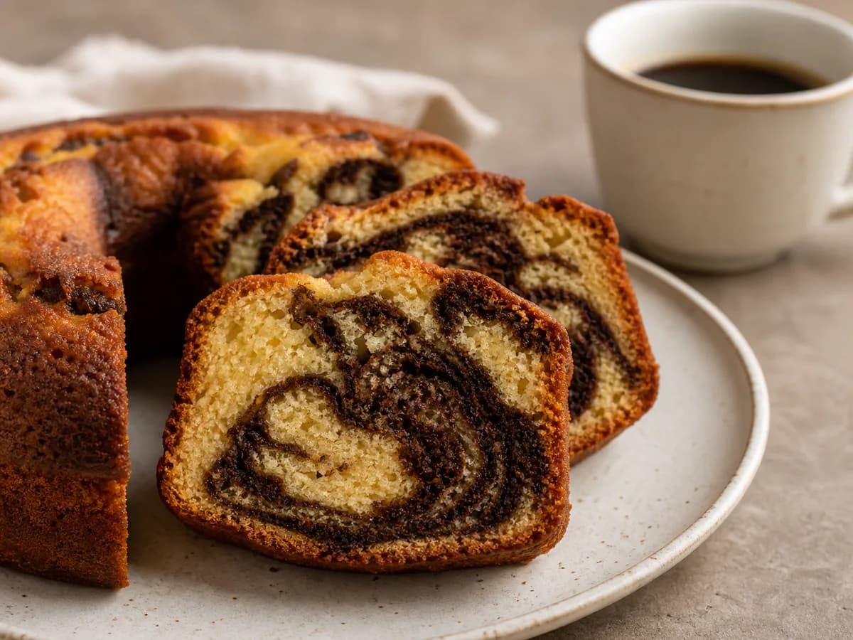 Pormenor de uma porção de Bolo Mármore de Café Muito Fofinho e Com um Delicioso Sabor a Café