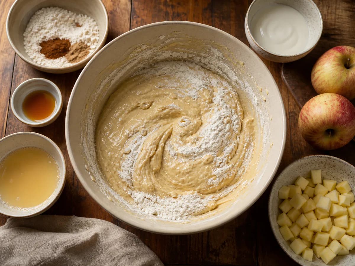 Preparação de Bolo Molhado de Maçã e Caramelo durante a confeção
