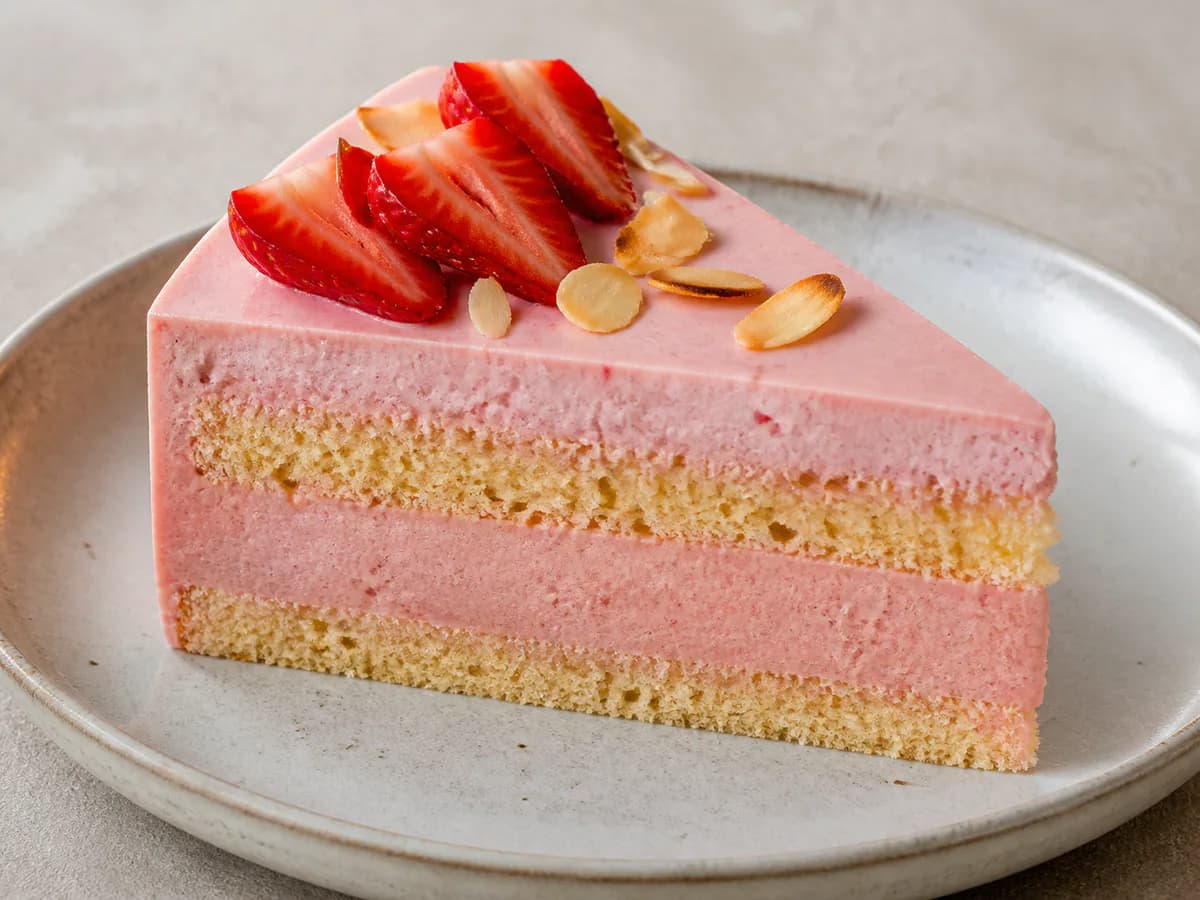 Pormenor de uma porção de Bolo Mousse de Morango Delicado