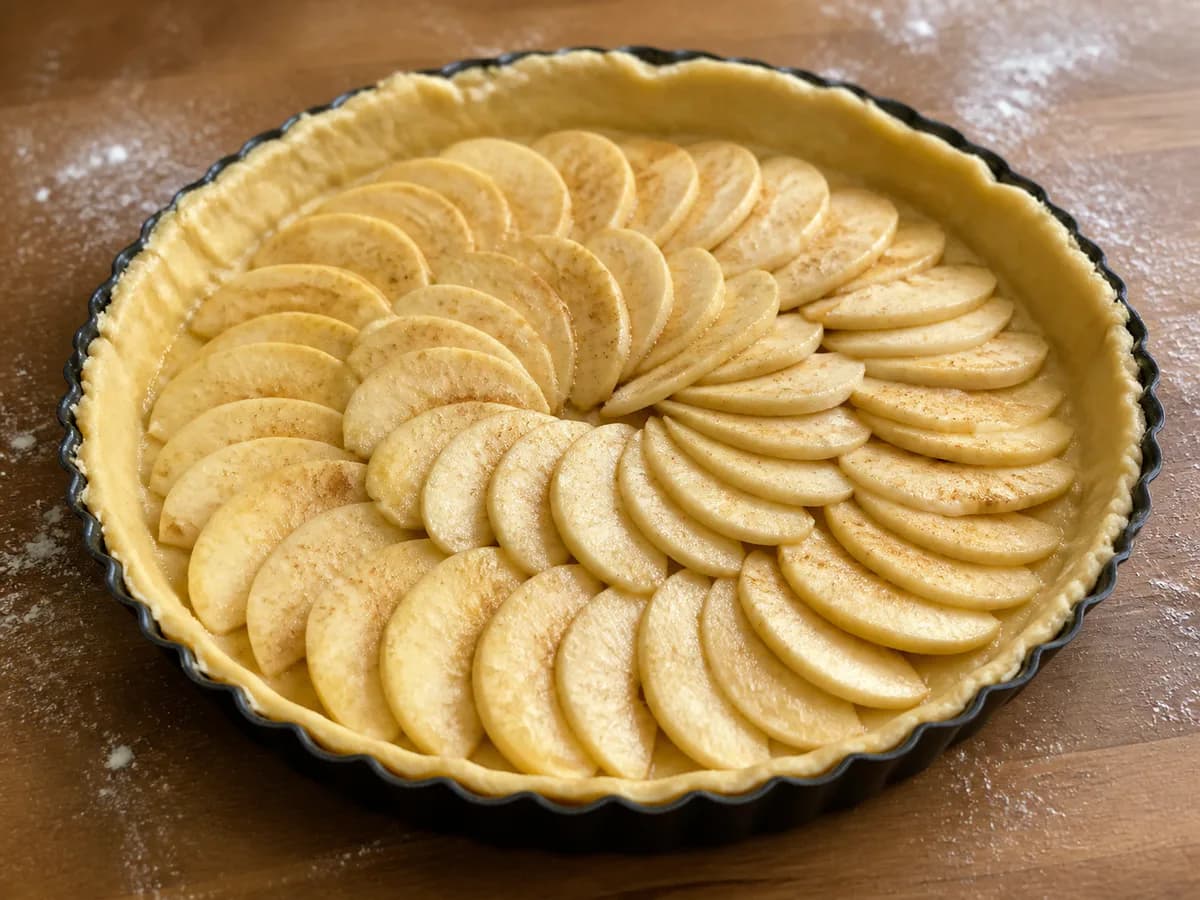 Preparação de Tarte de Maçã com Base de Massa Quebrada durante a confeção