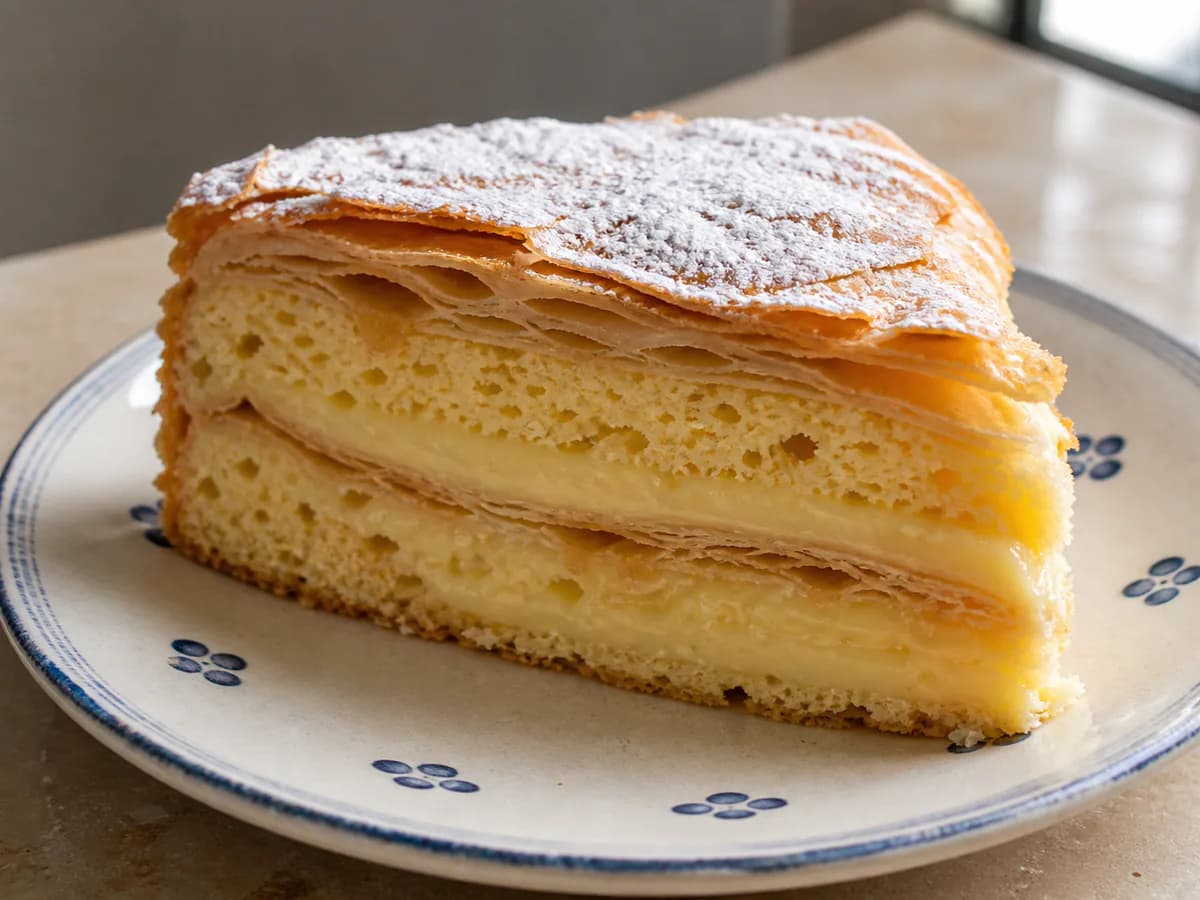 Pormenor de uma porção de Bolo Pão de Ló de Água com Recheio de Massa Folhada e Creme Ligeiro de Ovos