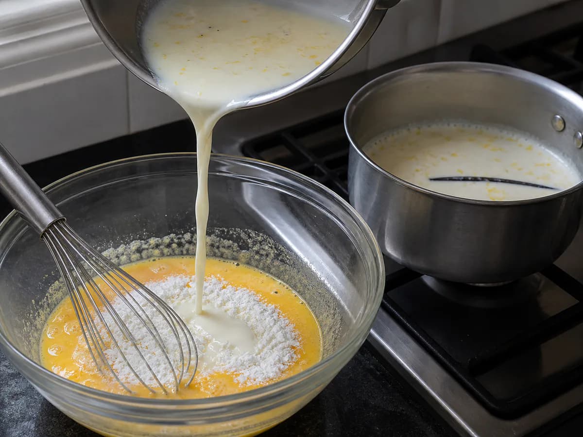 Preparação de Bolo Pão de Ló de Água com Recheio de Massa Folhada e Creme Ligeiro de Ovos durante a confeção