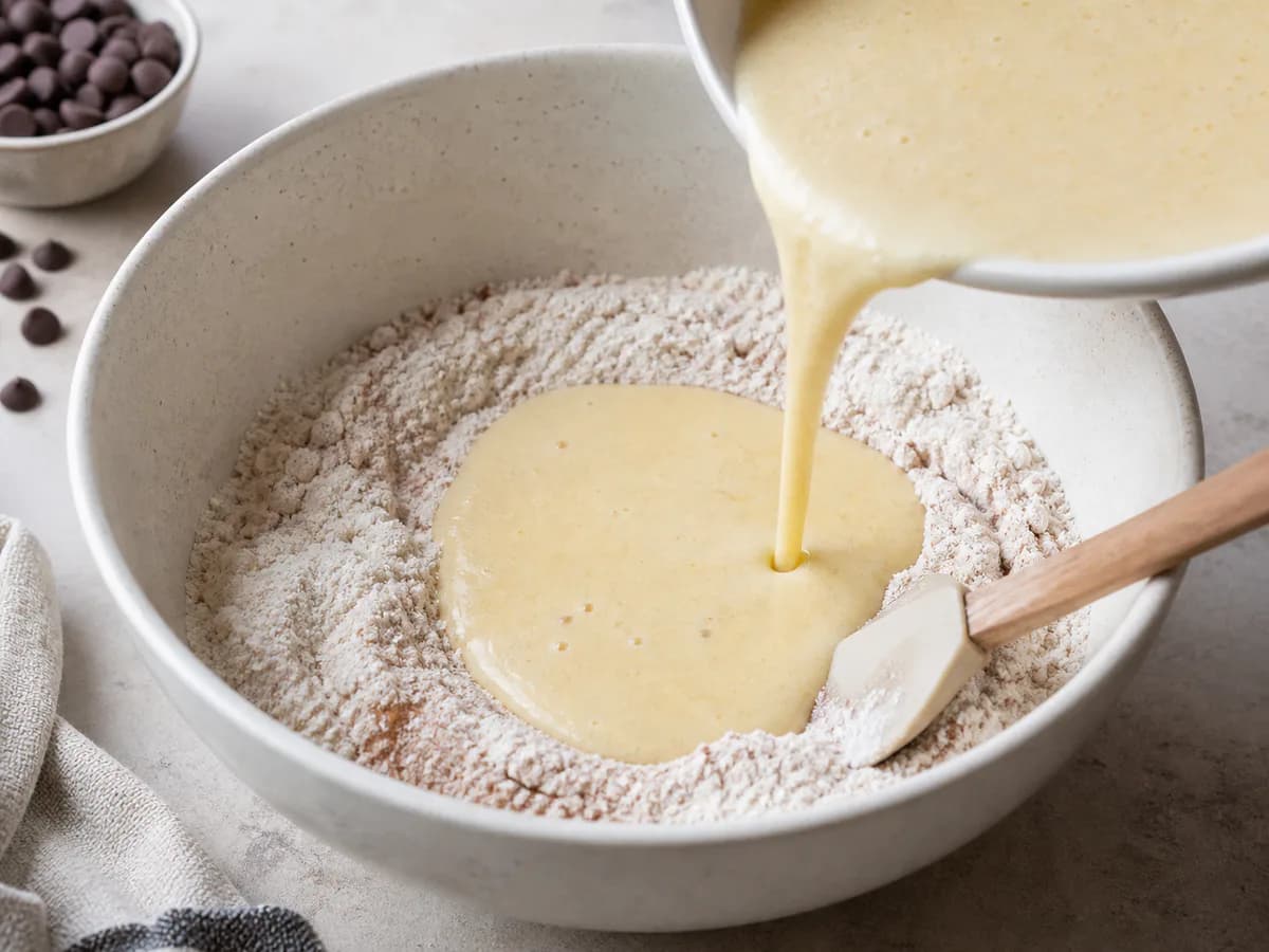 Preparação de Bolo Económico de Pepitas de Chocolate e Canela durante a confeção
