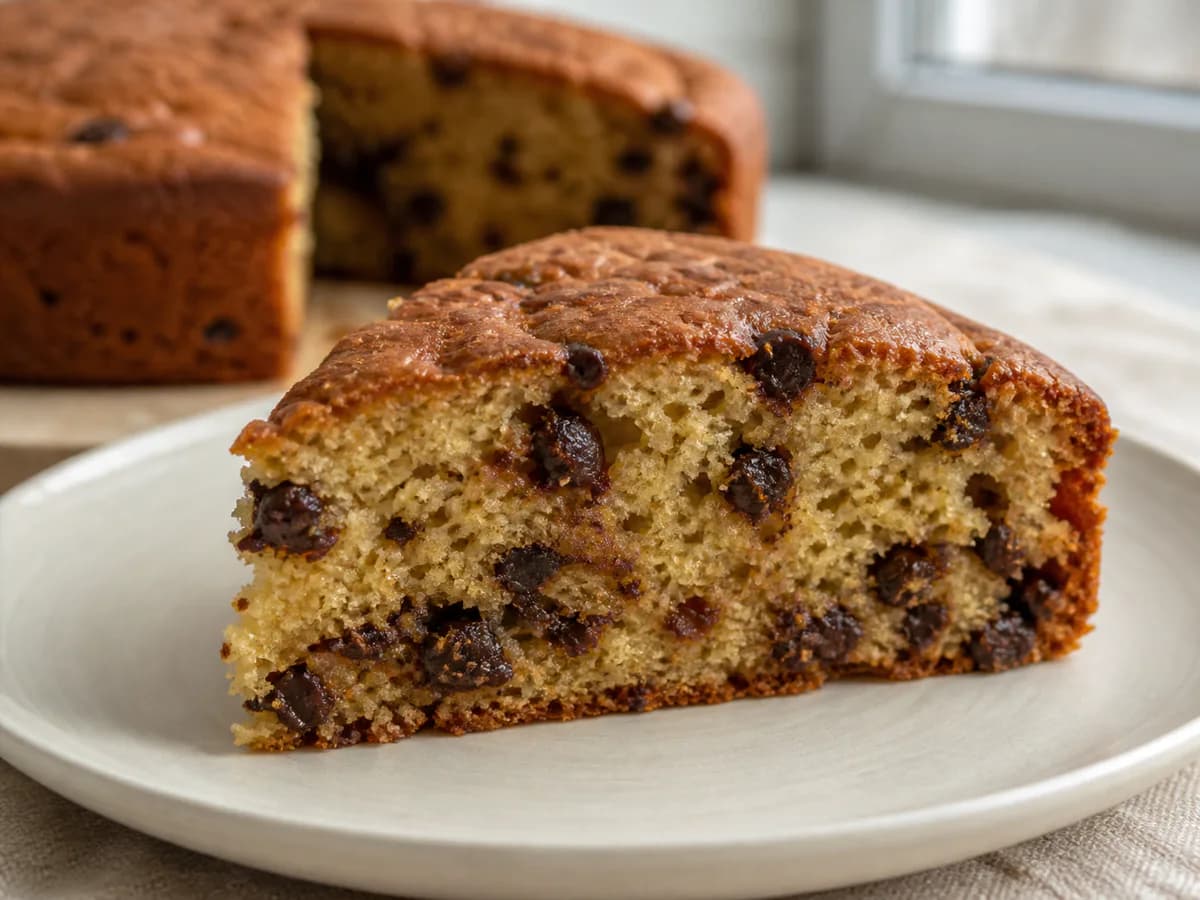 Pormenor de uma porção de Bolo Económico de Pepitas de Chocolate e Canela