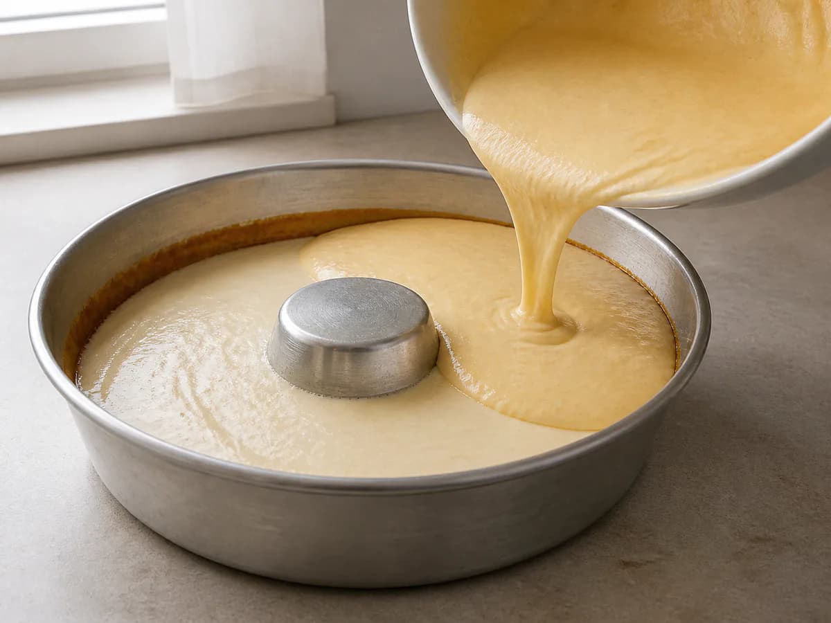 Preparação de Bolo Pudim de Coco e Leite Condensado durante a confeção