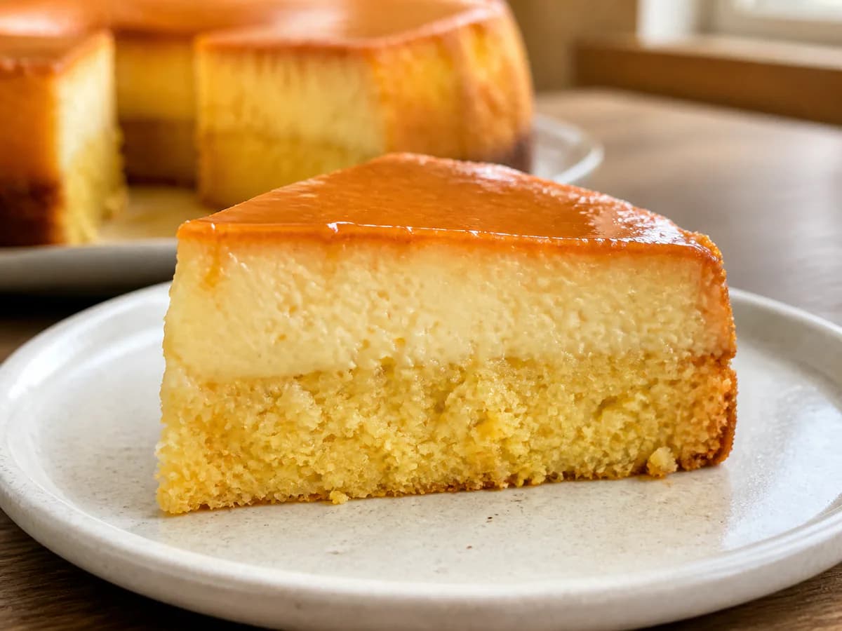 Pormenor de uma porção de Bolo Pudim de Coco e Leite Condensado