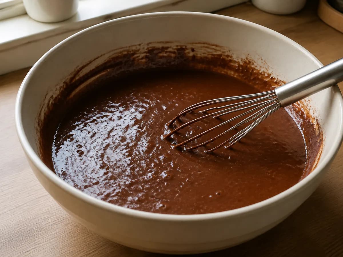 Preparação de Bolo Quente de Chocolate Húmido durante a confeção