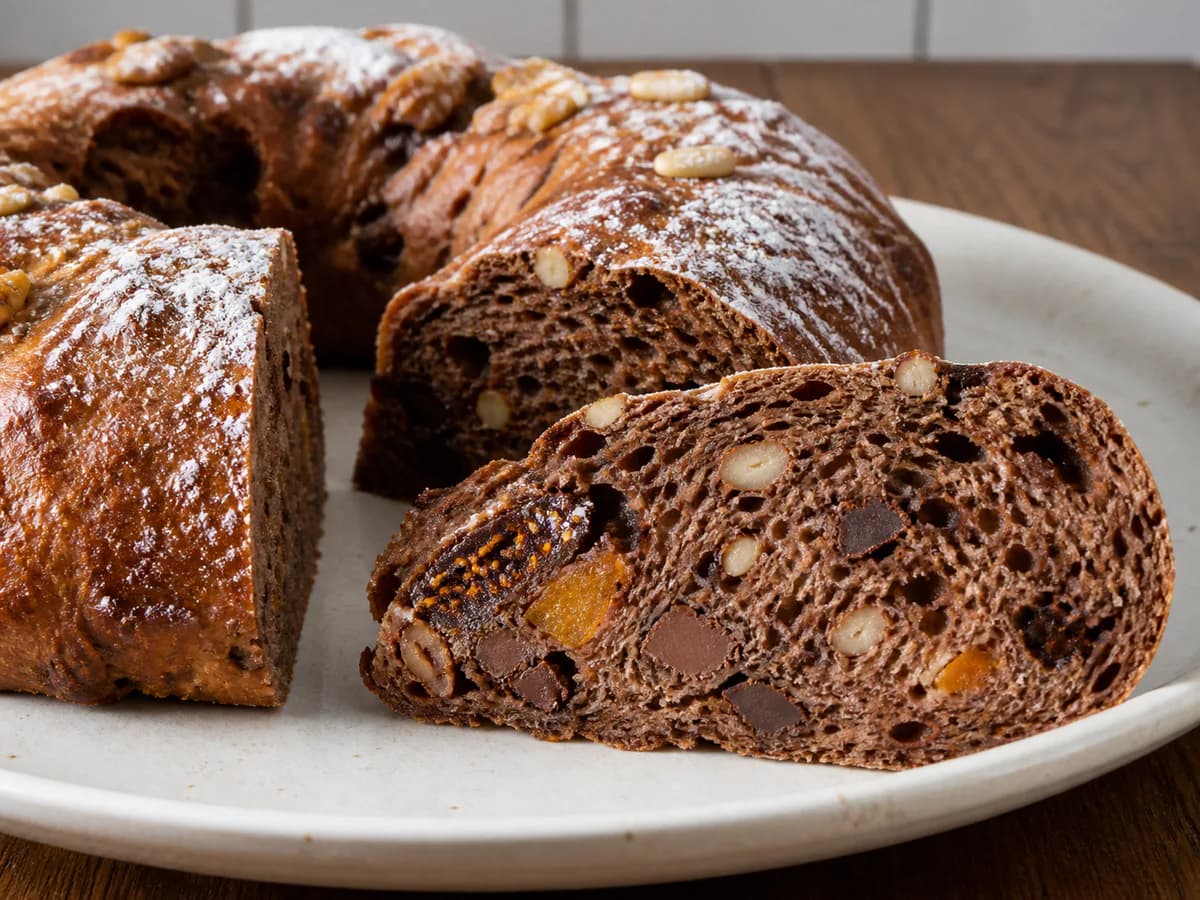 Pormenor de uma porção de Bolo Rei de Chocolate