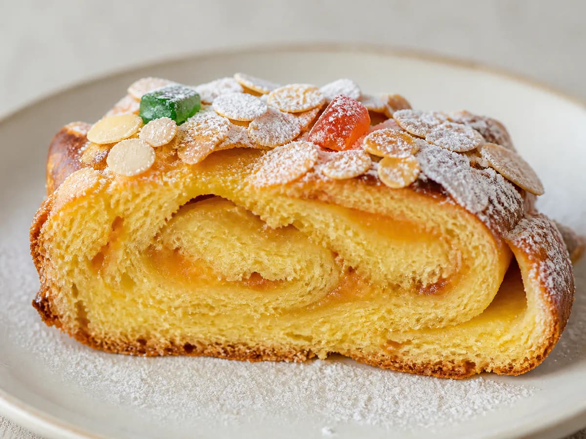 Pormenor de uma porção de Bolo Rei Escangalhado com Doce de Ovos e Amêndoas