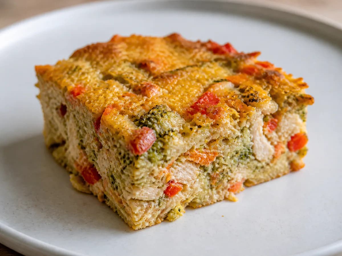 Pormenor de uma porção de Bolo Salgado Fit de Frango e Legumes