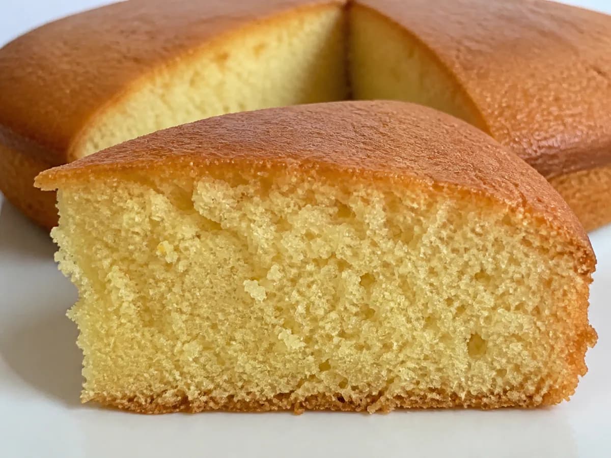 Pormenor de uma porção de Bolo Simples de Baunilha