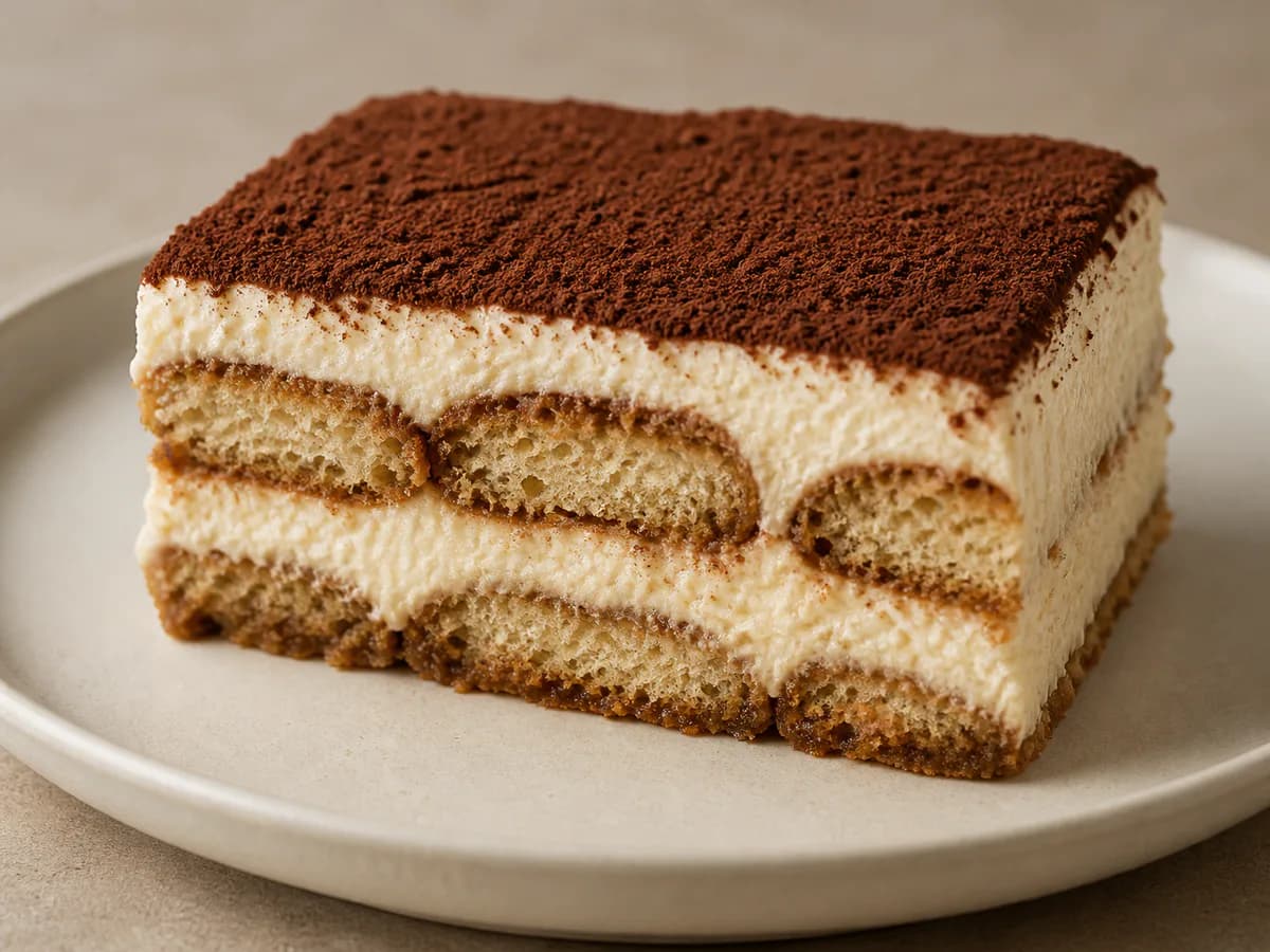 Pormenor de uma porção de Bolo Tiramisu Lusitano