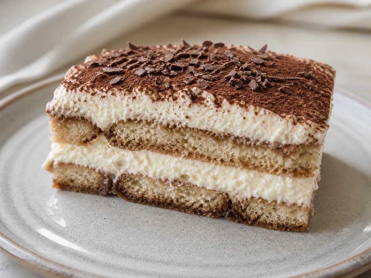 Pormenor de uma porção de Bolo Tiramisu de Chocolate, Café e Mascarpone