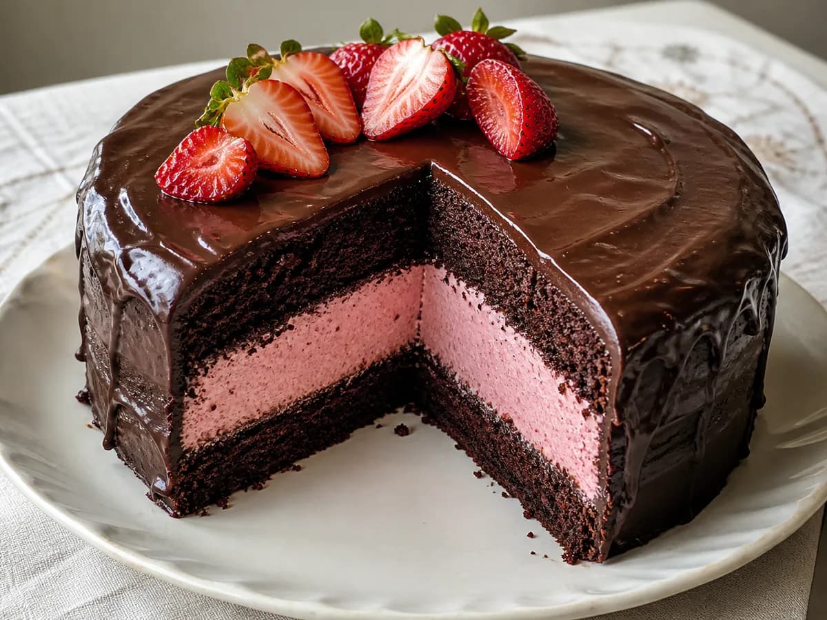 Bolo Trufado de Chocolate com Mousse de Morango