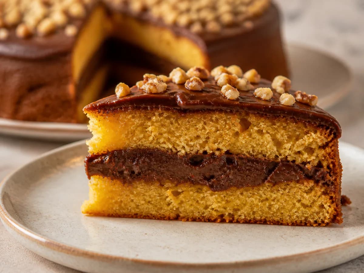 Pormenor de uma porção de Bolo Trufado de Laranja com Chocolate e Nozes