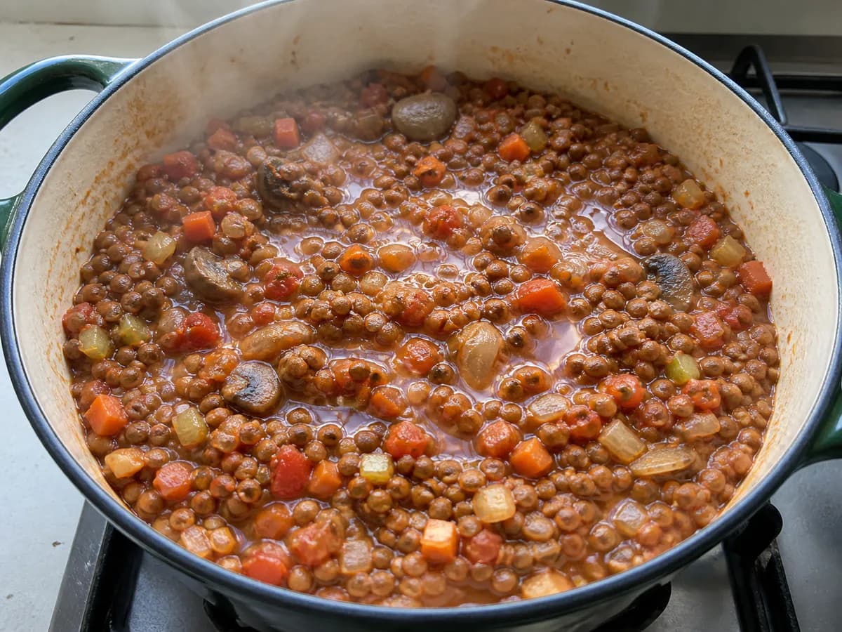 Preparação de Bolonhesa Vegetariana à Portuguesa durante a confeção