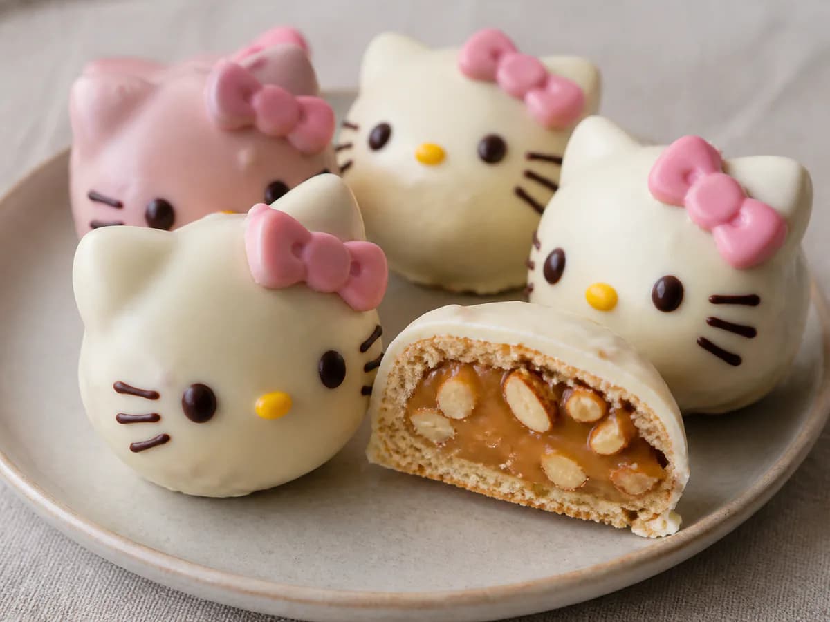 Pormenor de uma porção de Bombons Crocantes de Doce de Leite e Amêndoa (Estilo Hello Kitty)
