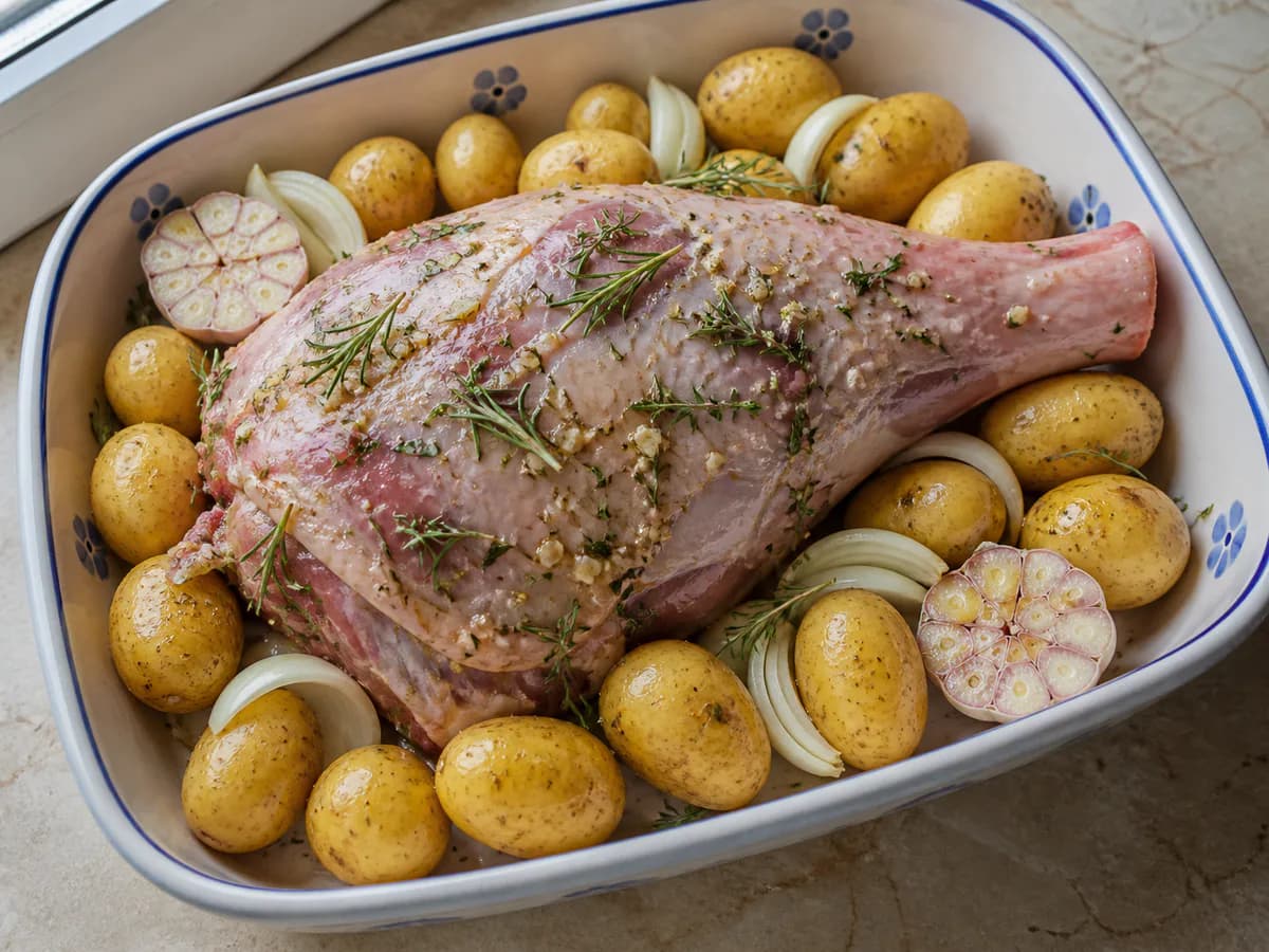 Preparação de Borrego Assado com Batatinhas e Ervas Aromáticas durante a confeção
