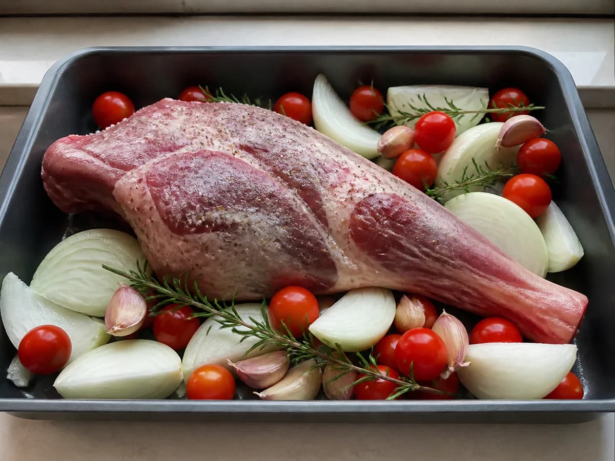 Preparação de Borrego Assado com Tomate Cherry e Alecrim durante a confeção