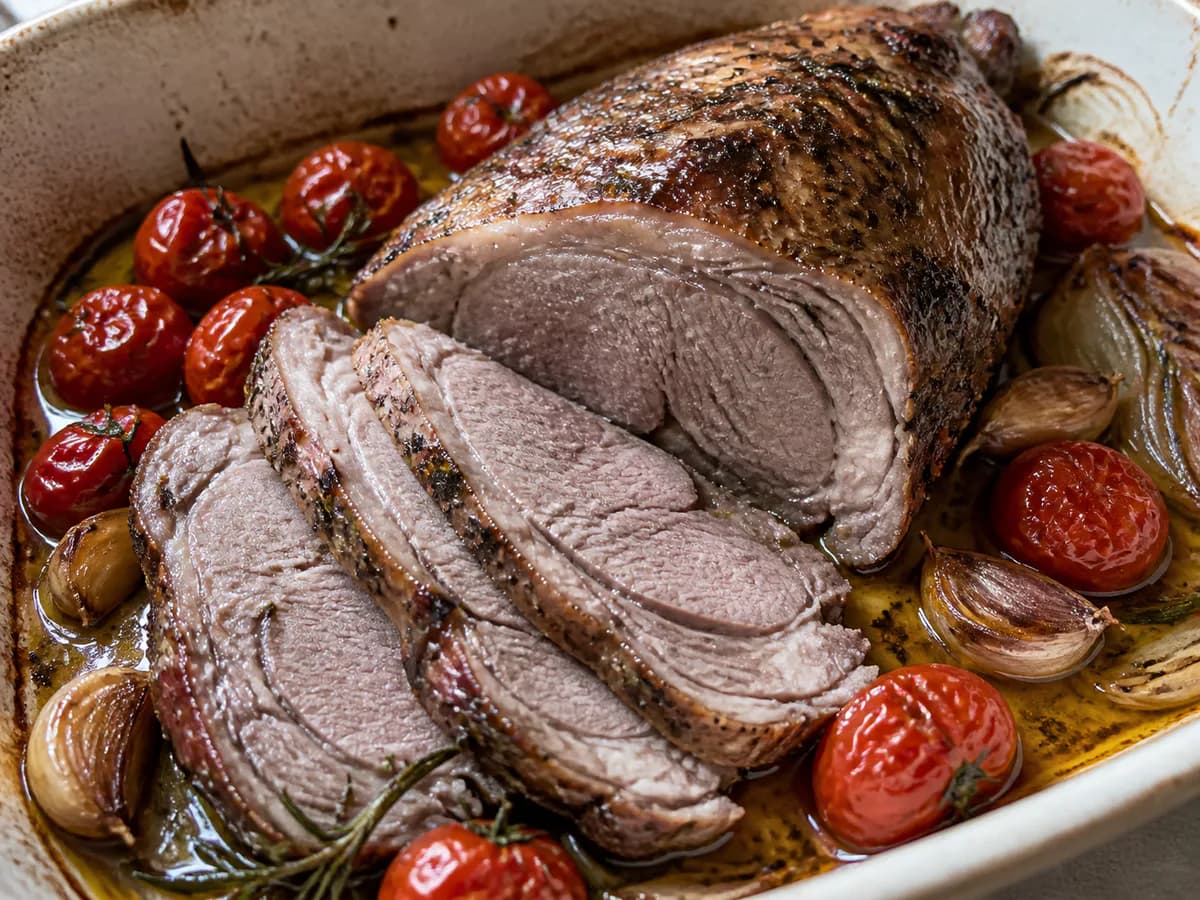 Pormenor de uma porção de Borrego Assado com Tomate Cherry e Alecrim