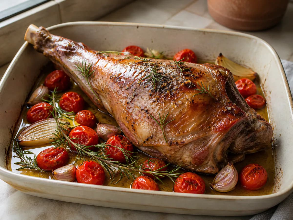 Borrego Assado com Tomate Cherry e Alecrim