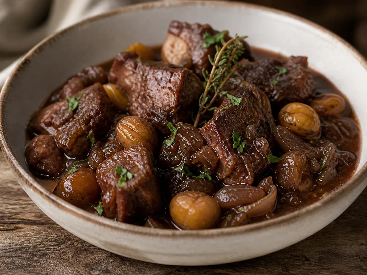 Pormenor de uma porção de Borrego Guisado Com Castanhas