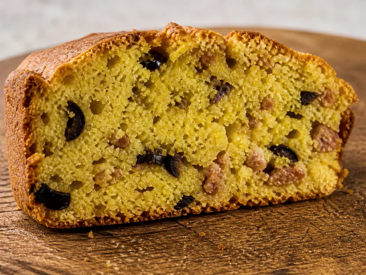 Pormenor de uma porção de Broa de Milho com Farinheira e Azeitonas