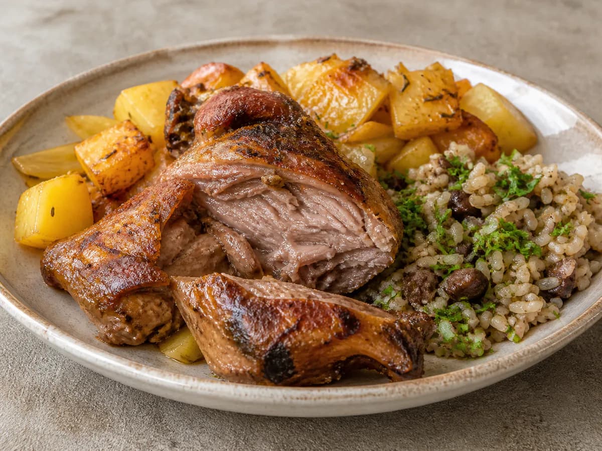 Pormenor de uma porção de Cabrito Assado com Batata e Arroz de Miúdos