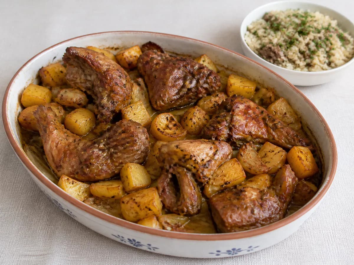 Cabrito Assado com Batata e Arroz de Miúdos
