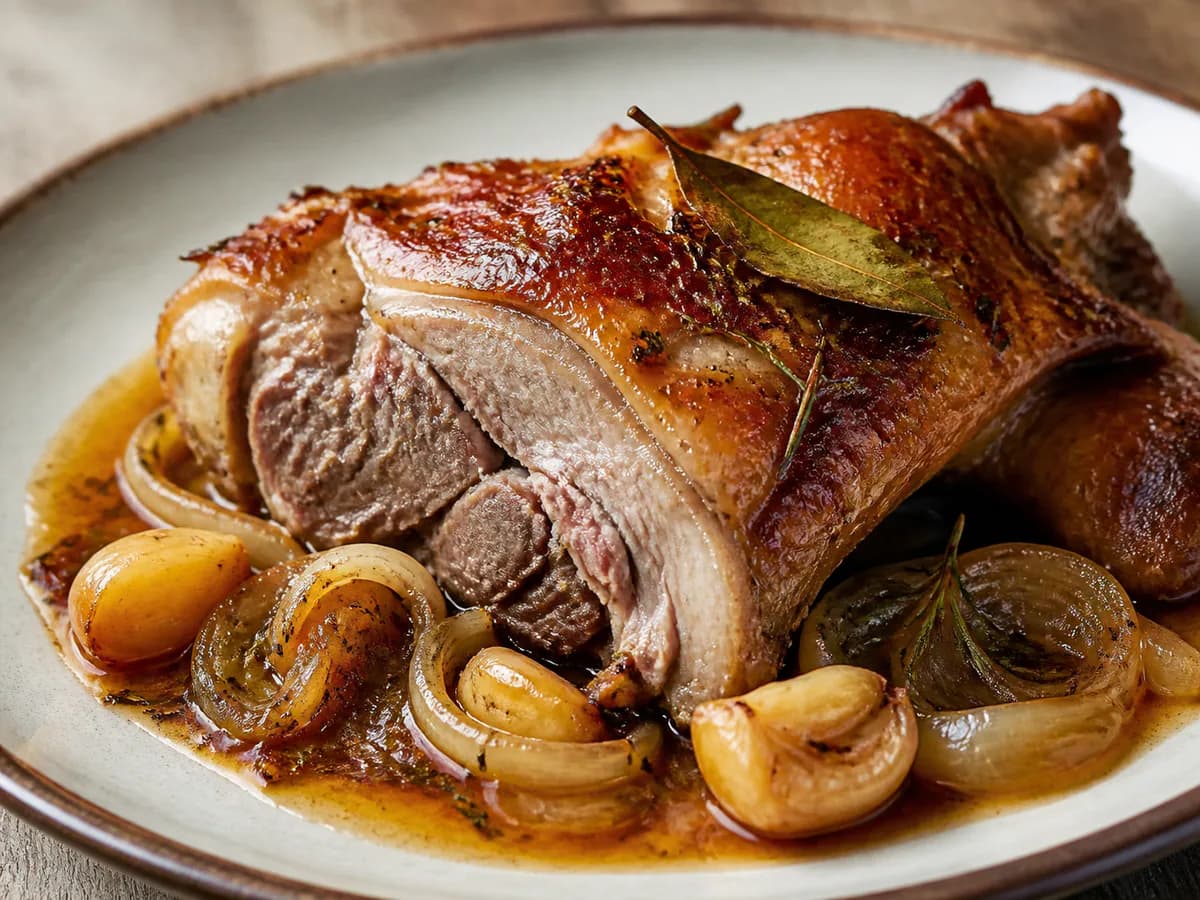 Pormenor de uma porção de Cabrito Assado no Forno à Portuguesa