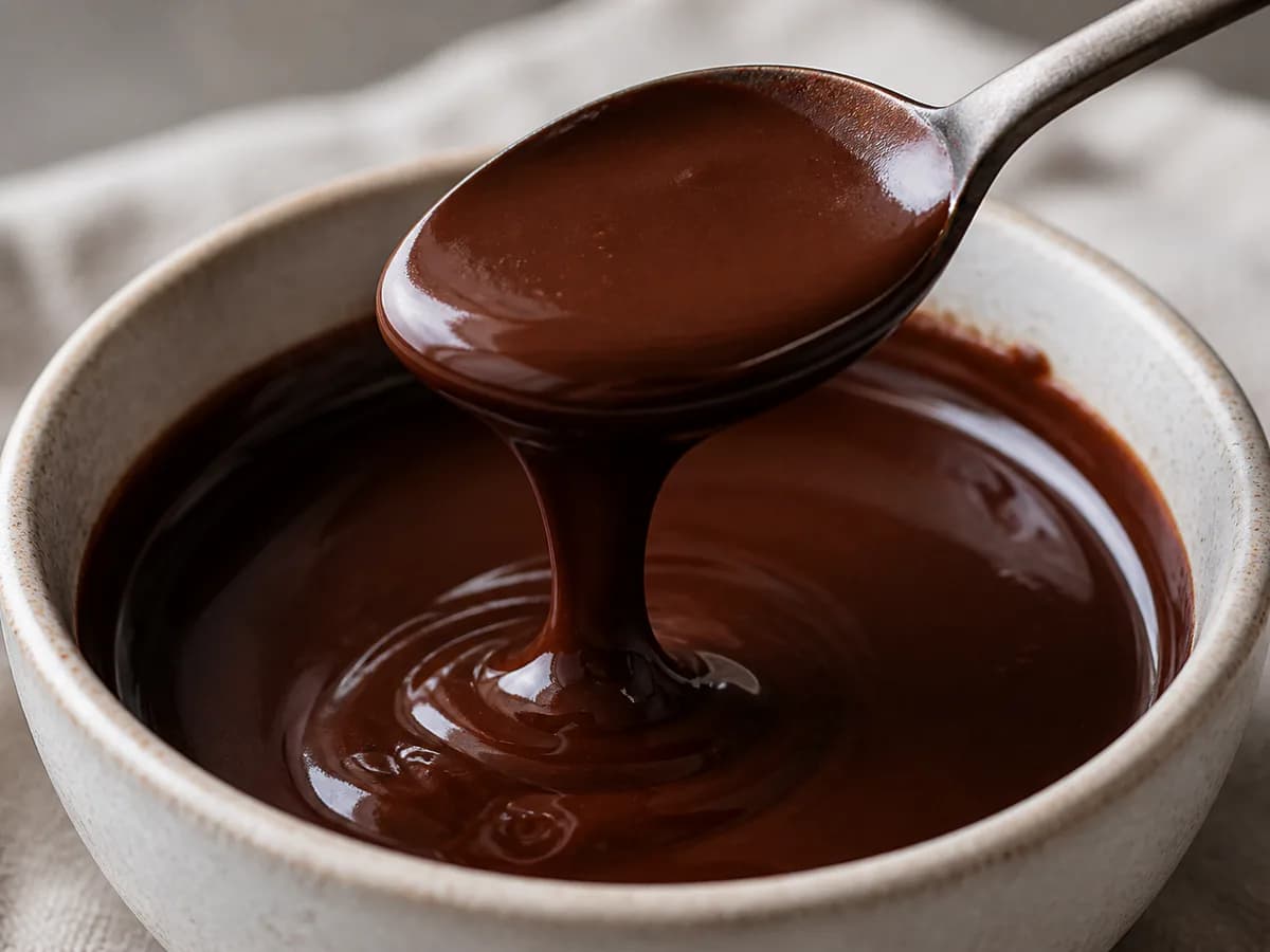 Pormenor de uma porção de Calda de Chocolate Perfeita para Bolos