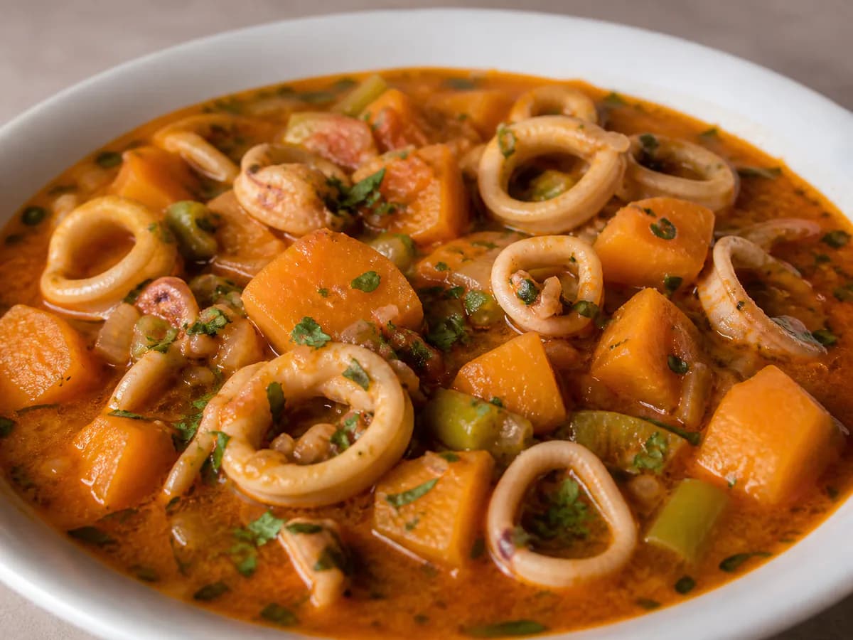 Pormenor de uma porção de Caldeirada de Lulas com Batata Doce