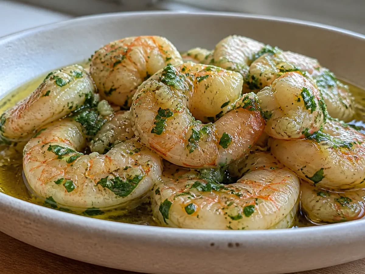 Pormenor de uma porção de Camarão ao Alho e Salsa