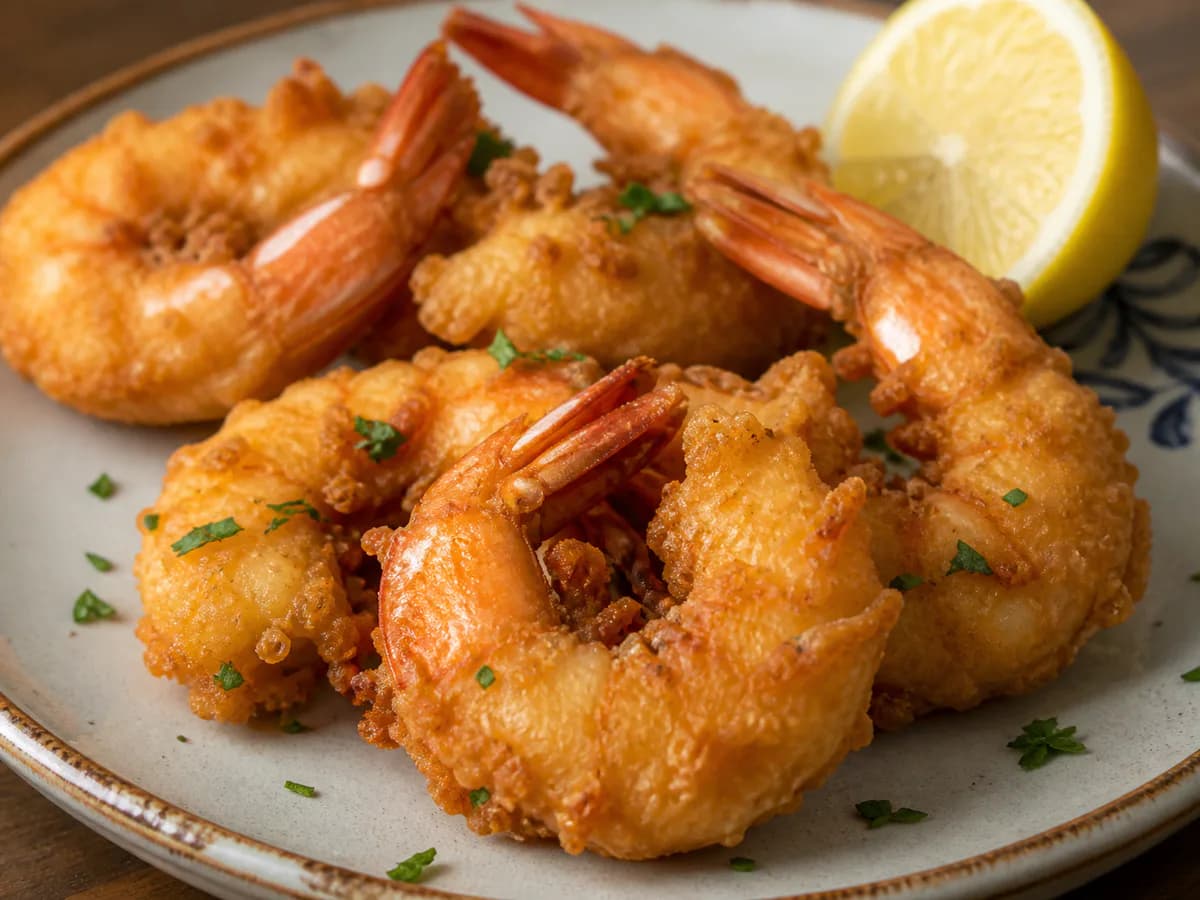 Pormenor de uma porção de Camarão Frito com Cerveja