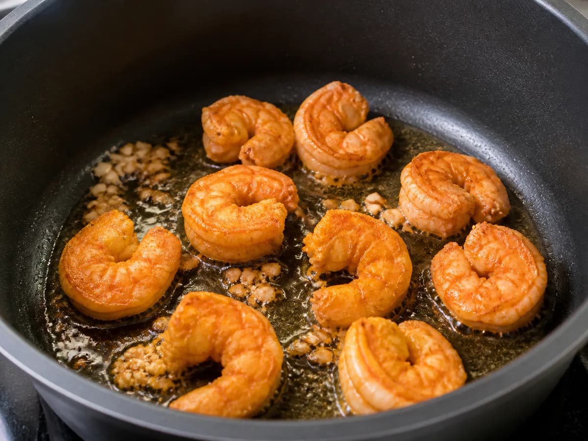 Preparação de Camarão Frito com Molho Generoso durante a confeção