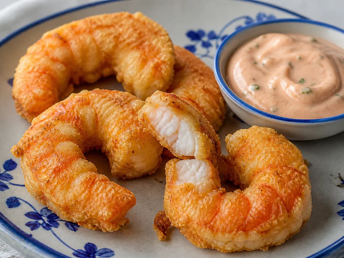 Pormenor de uma porção de Camarão Frito com Molho Generoso