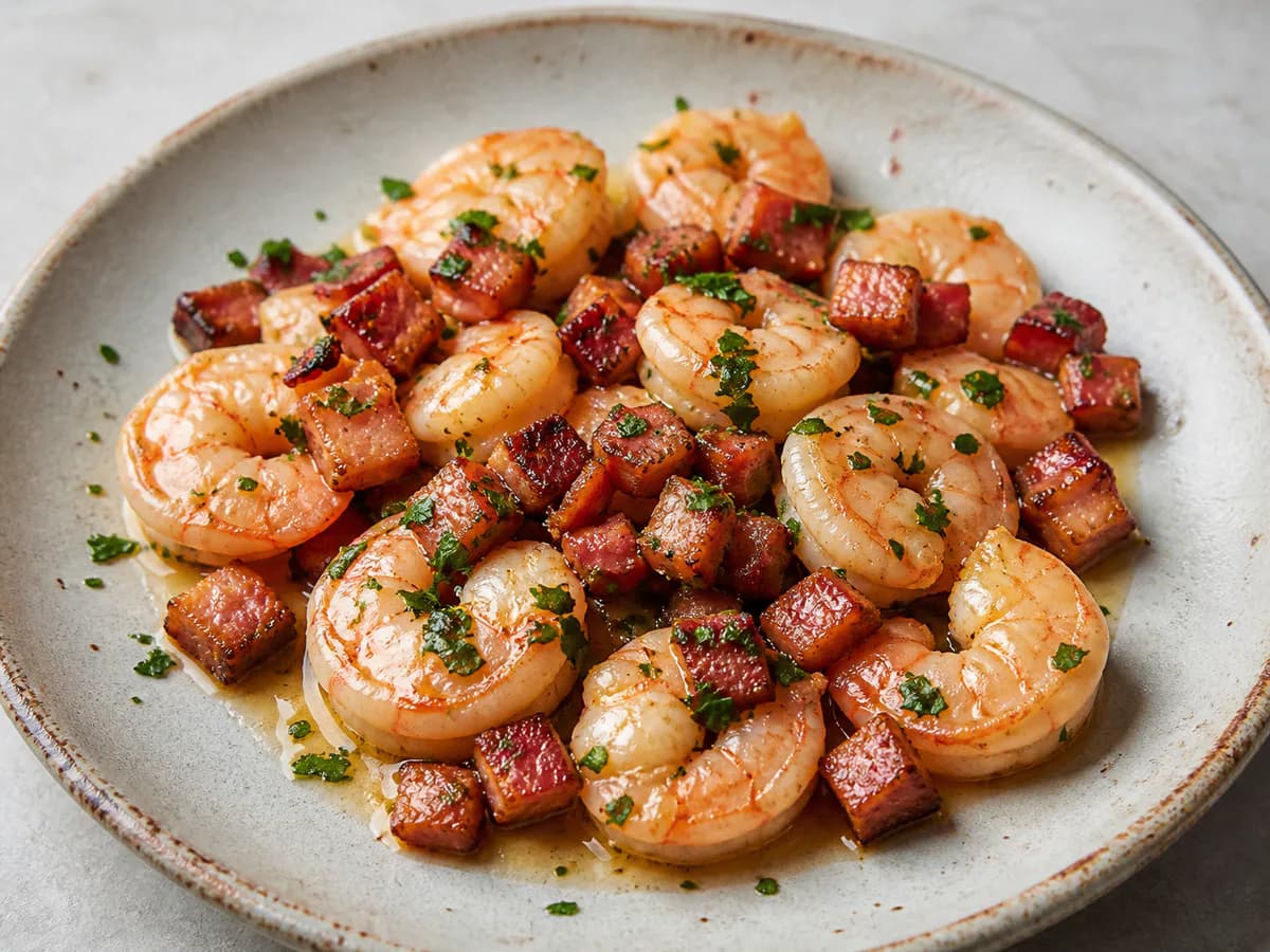 Pormenor de uma porção de Camarões com Bacon: Uma Entrada Deliciosa