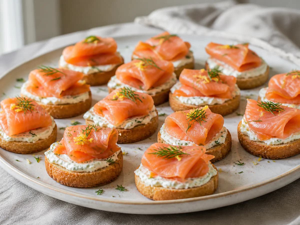 Pormenor de uma porção de Canapés de Salmão Fumado e Queijo Creme