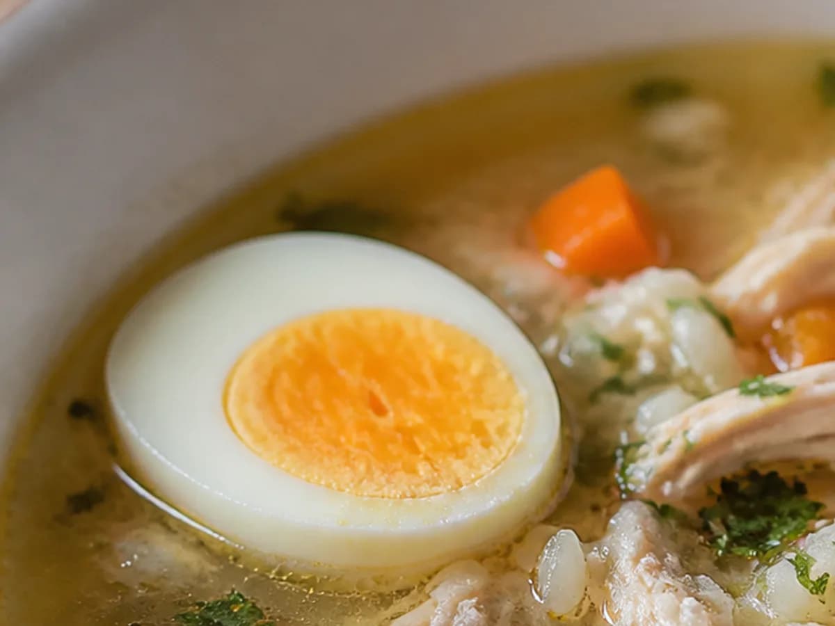 Pormenor de uma porção de Canja de Galinha com Cenoura, Chouriço e Ovo Cozido